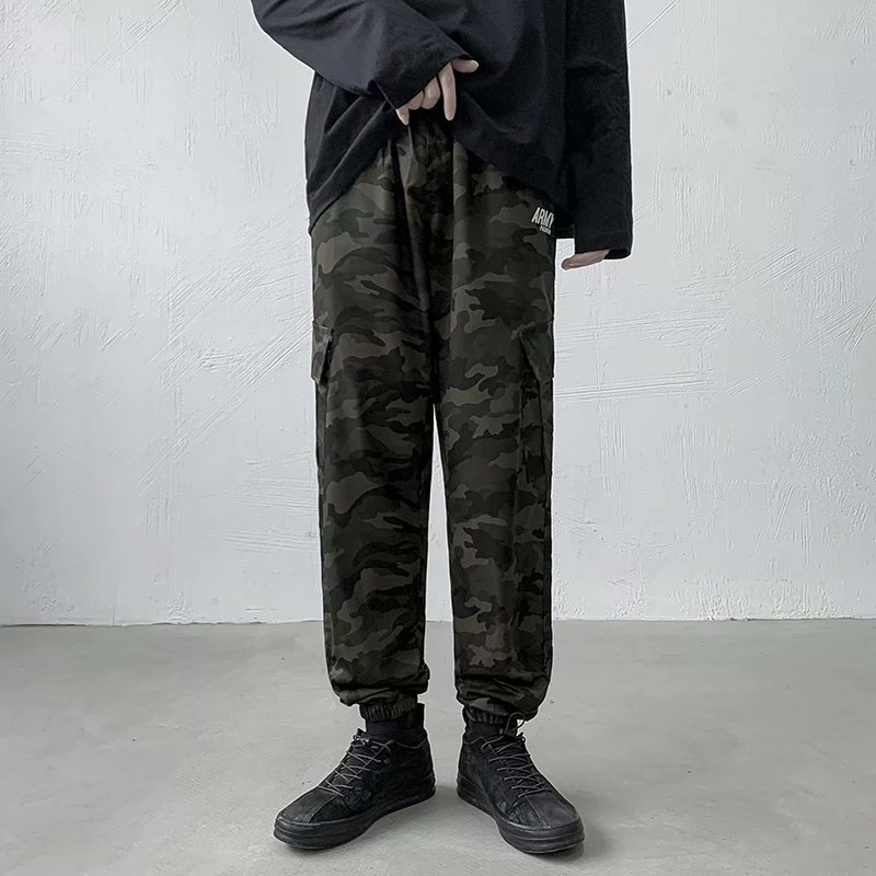 裤子男韩版潮流cargo工装裤束脚chic迷彩长裤休闲小脚九分运动裤