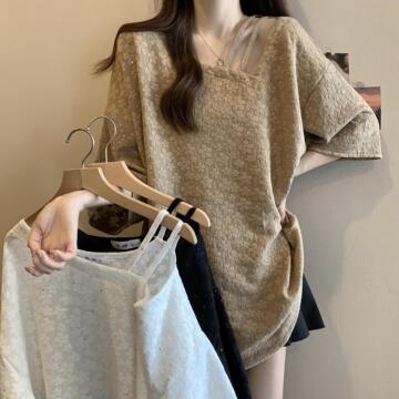 大码女装胖mm夏季款感提花细闪慵懒宽松显瘦遮肚短袖t恤上衣-阿里巴巴