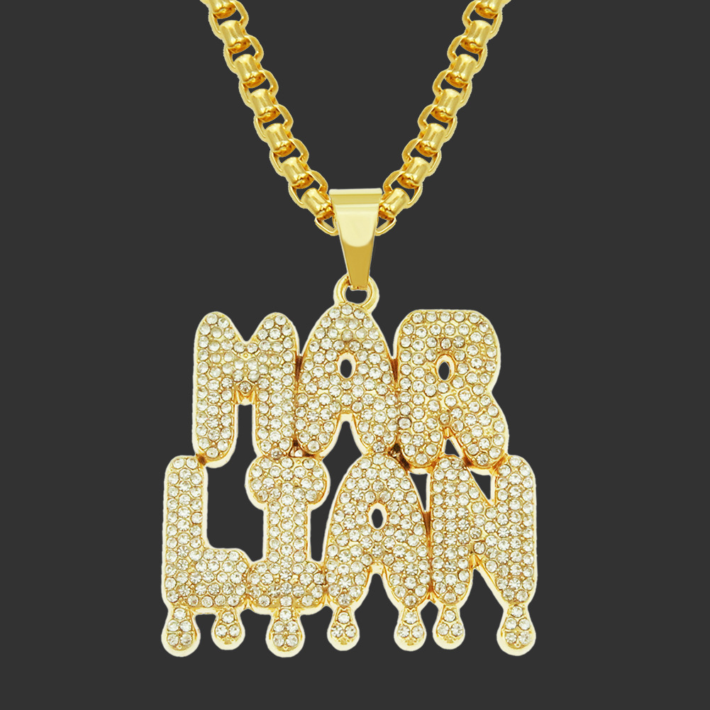 欧美嘻哈满钻镶钻拼接字母吊坠项链配饰潮牌个性男士霸气时尚挂件