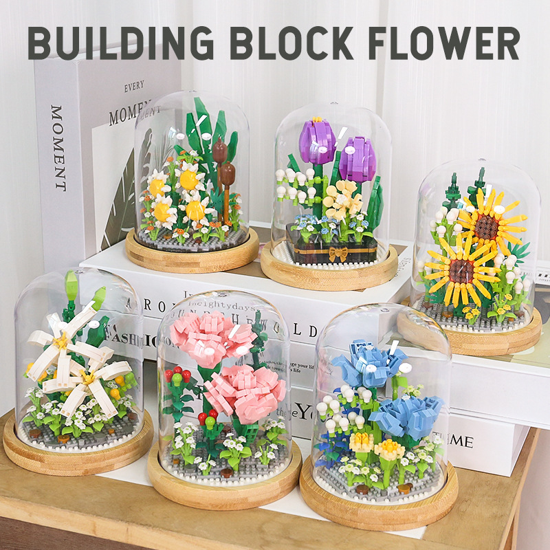 Eternal Rose Bouquet Potted Sunflower Indoor Home Decoration Compatible with Lego Assembled Building Block Toys Wholesale