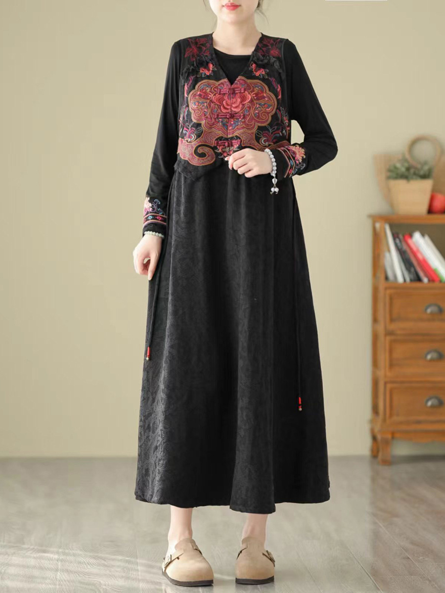长袖大码国风女长裙2023秋冬季纯色民族风刺绣女式棉麻提花连衣裙