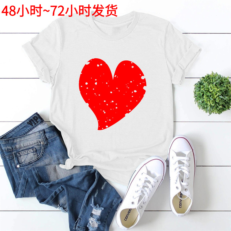 2021春夏新款女装t恤短袖趣味情人节爱心印花女式t恤现货义乌聚酯