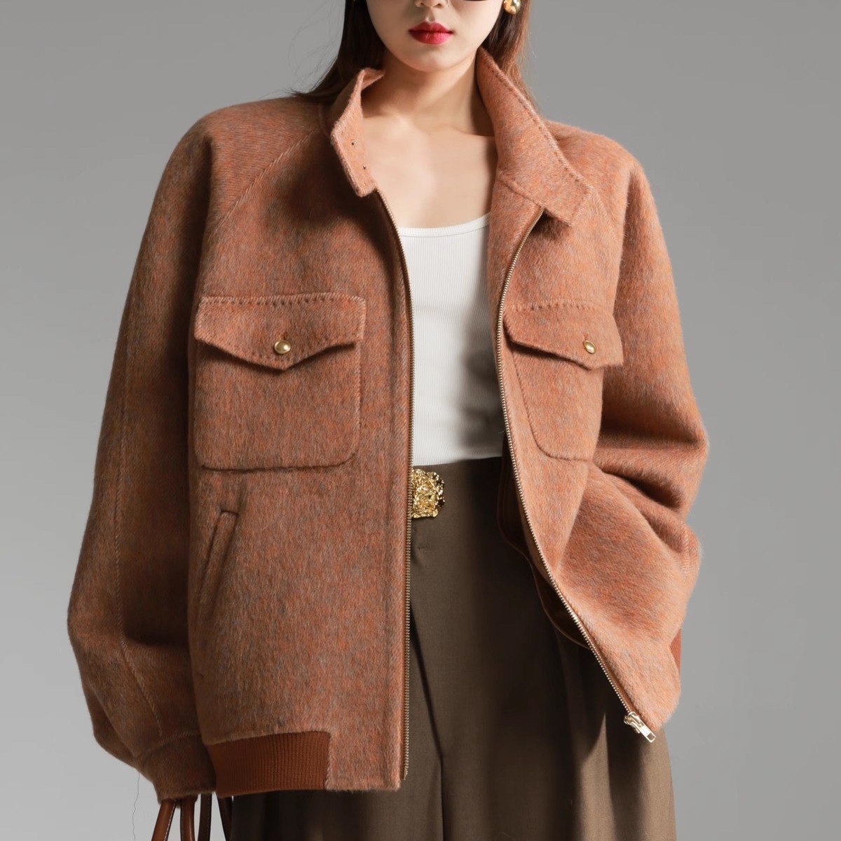 美式复古情侣款棒球服女兔毛蚕丝毛呢外套短夹克大衣秋冬季3a0365