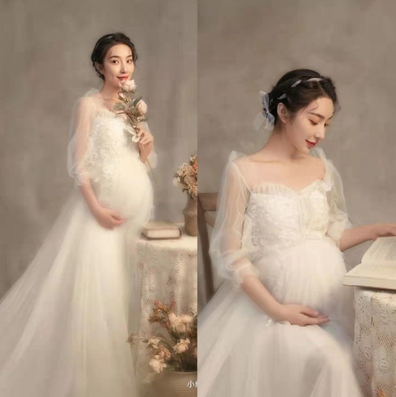 影楼白色孕妇装主题妈咪大肚照摄影连衣裙孕妈咪写真拍照纱裙套装