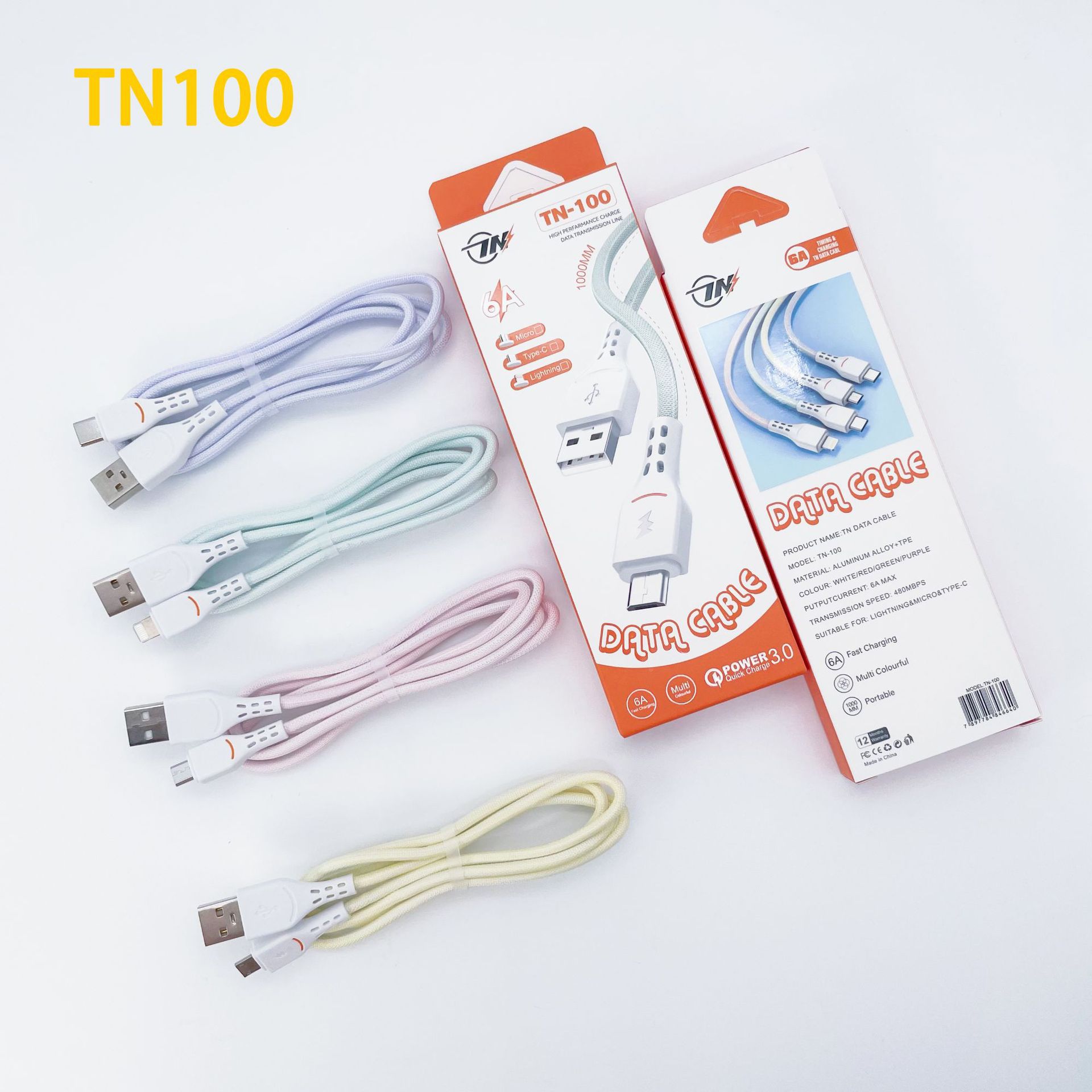 Tn100 New PVC Fast Charge Data Cable Support I5 Android TC Smartphone Qc3.0 Function Delivery Supported