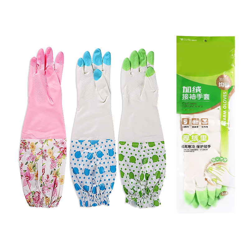 Four Seasons Lvkang Winter Print Fleece-Lined Household Latex Gloves Lengthen to Keep Warm Dishwashing Supermarket Commercial Gloves