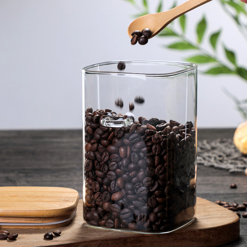 Japanese-Style Square Glass Sealed Can Household Coffee Bean Storage Tank Kitchen Wooden Spoon with Spice Jar Food Storage Jar