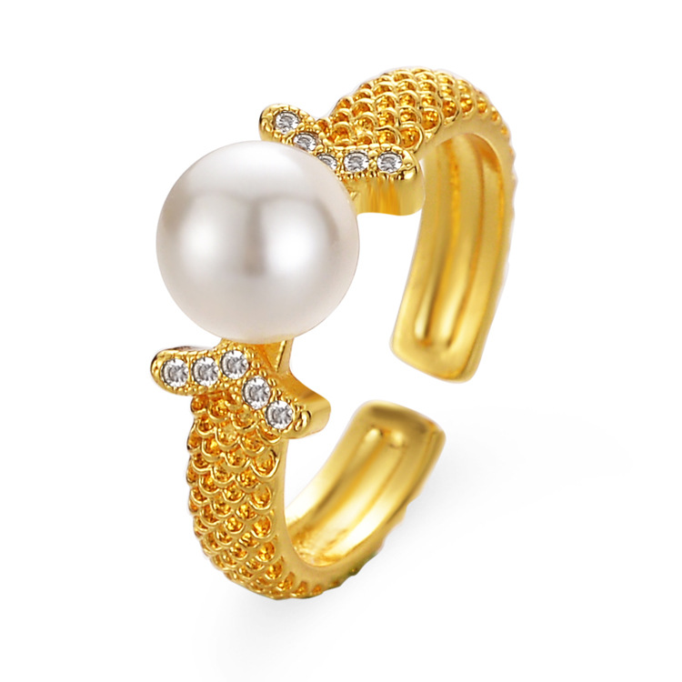 金色格纹珍珠戒指女小众设计轻奢高级感指环戒时尚个性新款食指戒