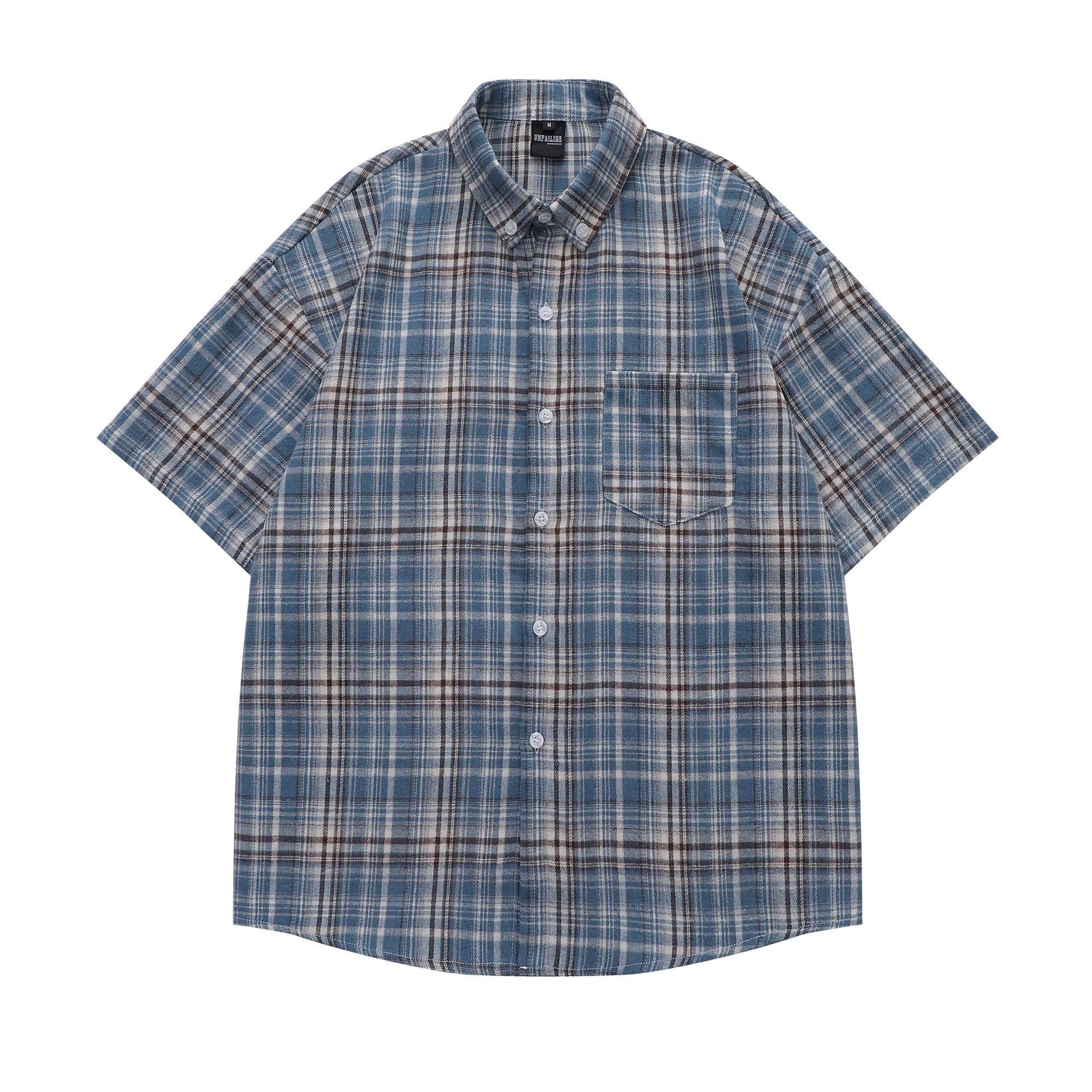 美式复古格子休闲上衣宽松短袖夏季潮流it男衬衫情侣百搭宽松潮牌