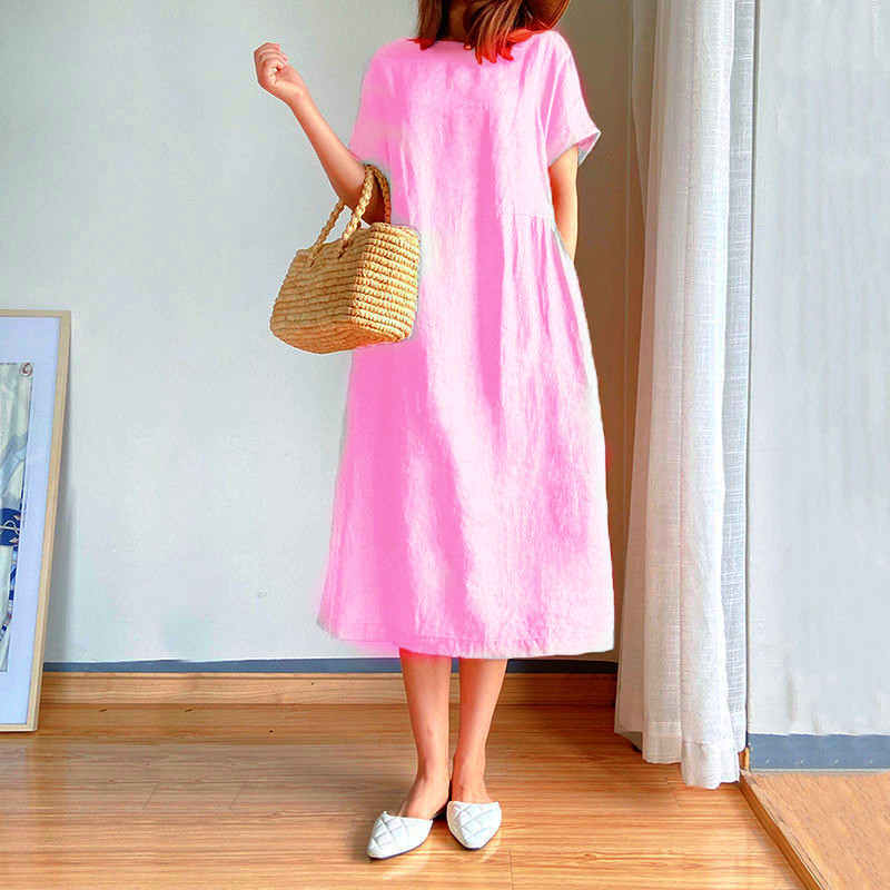 Cotton and Linen Solid Color Large Size Dress for Women Summer 2022 New Loose Slimming Plump Girls Japanese Mid-Length Dress for Women Women Clothes