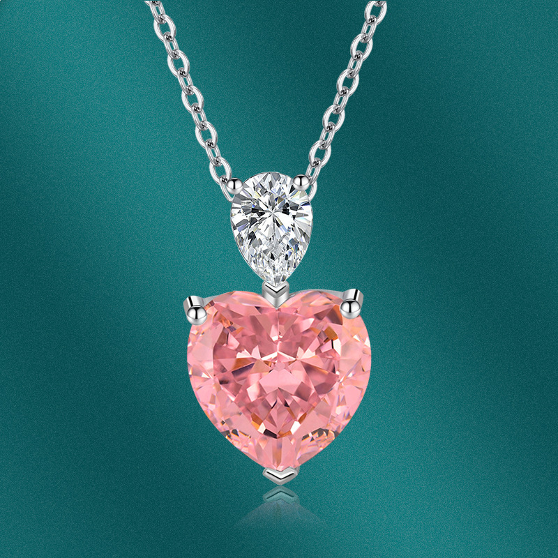 新款高碳钻雷迪恩切工帕帕拉恰心形吊坠粉色冰花切锆石项链热卖款