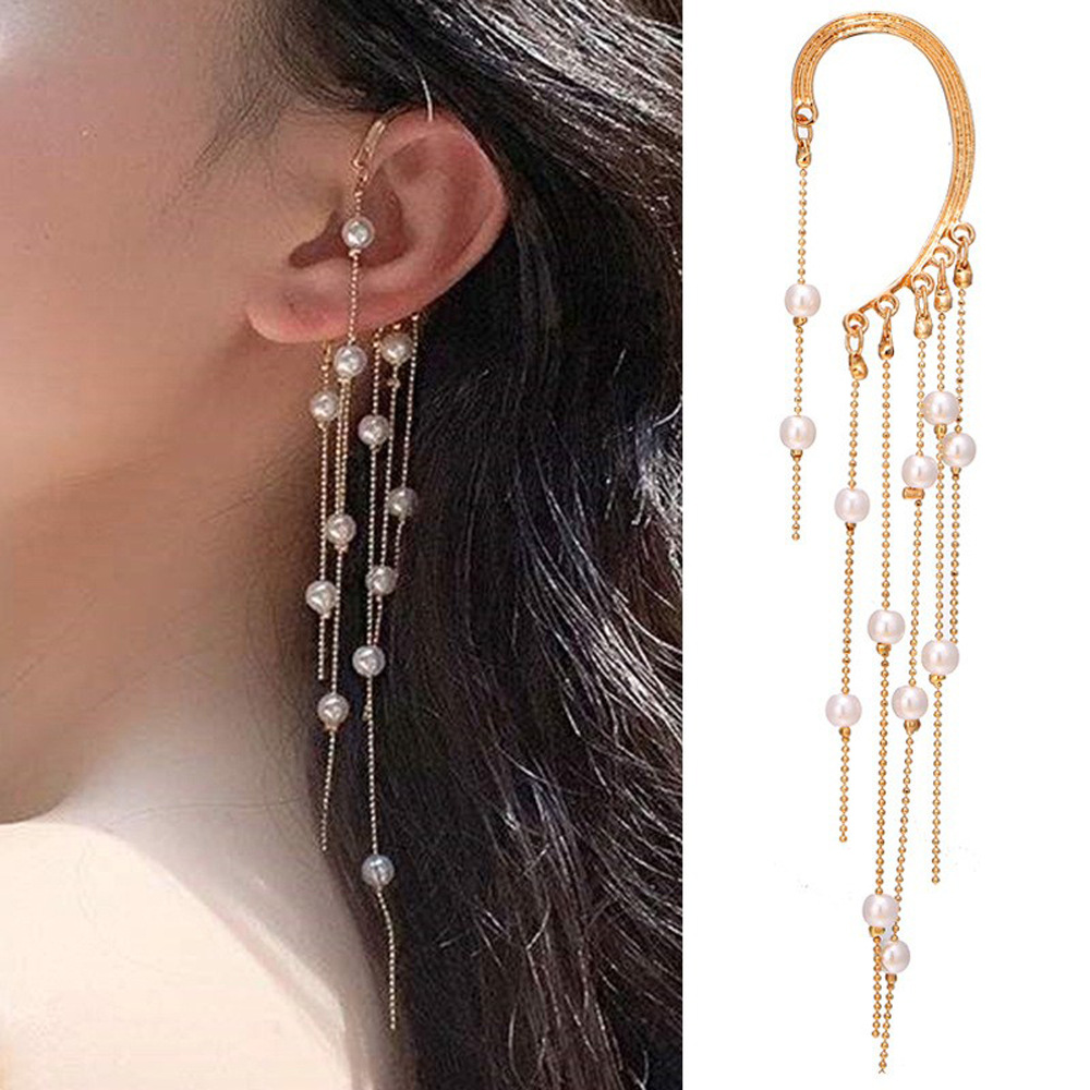 european and american cross-border earrings temperament goddess pearl tassel ear hanging without piercing personality trend long exaggerated earrings