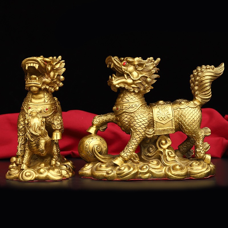 铜器母子麒麟一对黄铜戏珠麒麟桌面摆件家居客厅电视柜装饰品乔迁