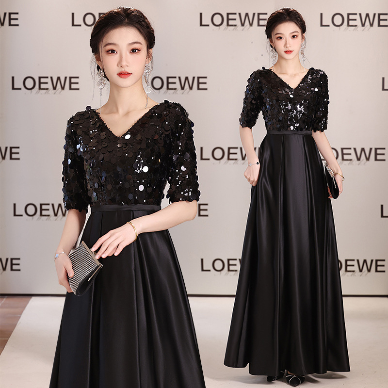 新款黑色v领长款晚礼服裙指挥钢琴主持年会走秀艺考合唱演出礼服