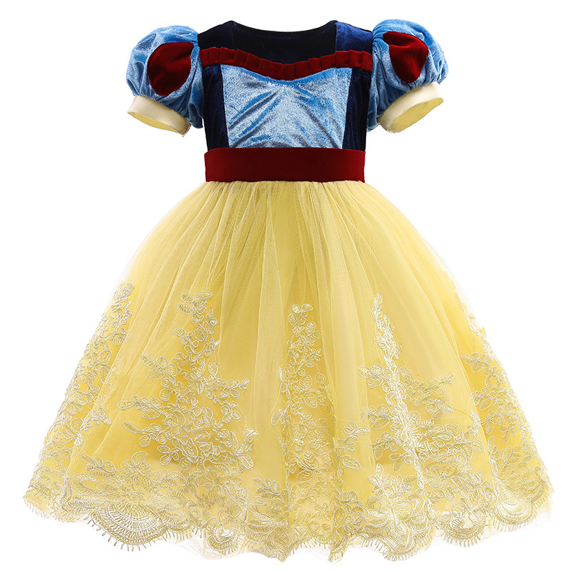 外贸批发白雪公主短袖裙蕾丝花边长裙童裙童装连衣裙girl dress