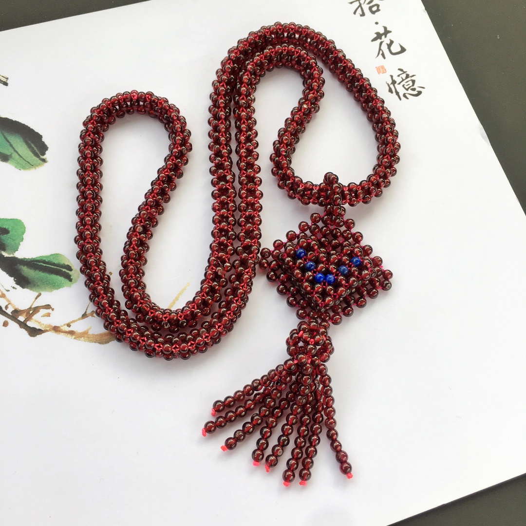 天然编织酒红石榴石毛衣链女长款项链多层多圈水晶时尚饰品吊坠女