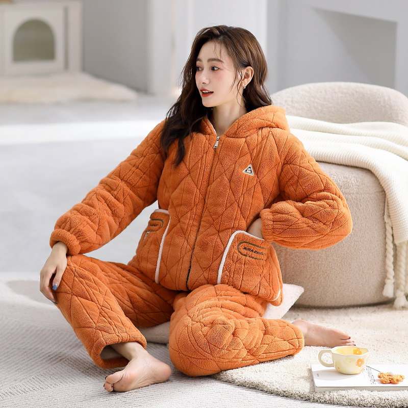 睡衣女士三层加厚夹棉冬季加绒保暖珊瑚绒套装冬天棉袄连帽家居服