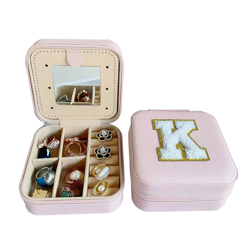 Minimalist Mirror Portable Palm Jewelry Box Ring Earring Storage Box Zipper Flip Travel Trinket Box Wholesale