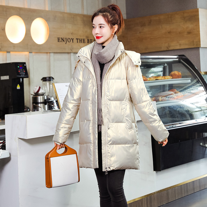 2023 Winter New Bright Surface Disposable down Cotton-Padded Coat Women's Mid-Length Korean Style Hooded Cotton-Padded Coat Thicken Cotton Clothes Coat