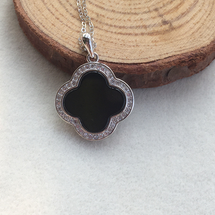 925银镶嵌缅甸天然a货翡翠墨翠墨绿四叶草玉石吊坠配银链女款百搭