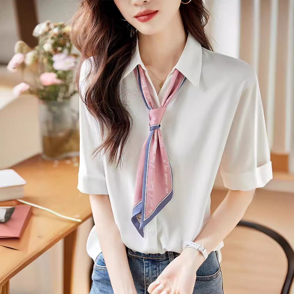 *好质量*2024夏季职业装白色衬衫女短袖上衣设计感丝巾雪纺衫衬衣