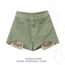 民族风复古绿色牛仔短裤女2024夏季新款高腰显瘦设计感辣妹热裤子