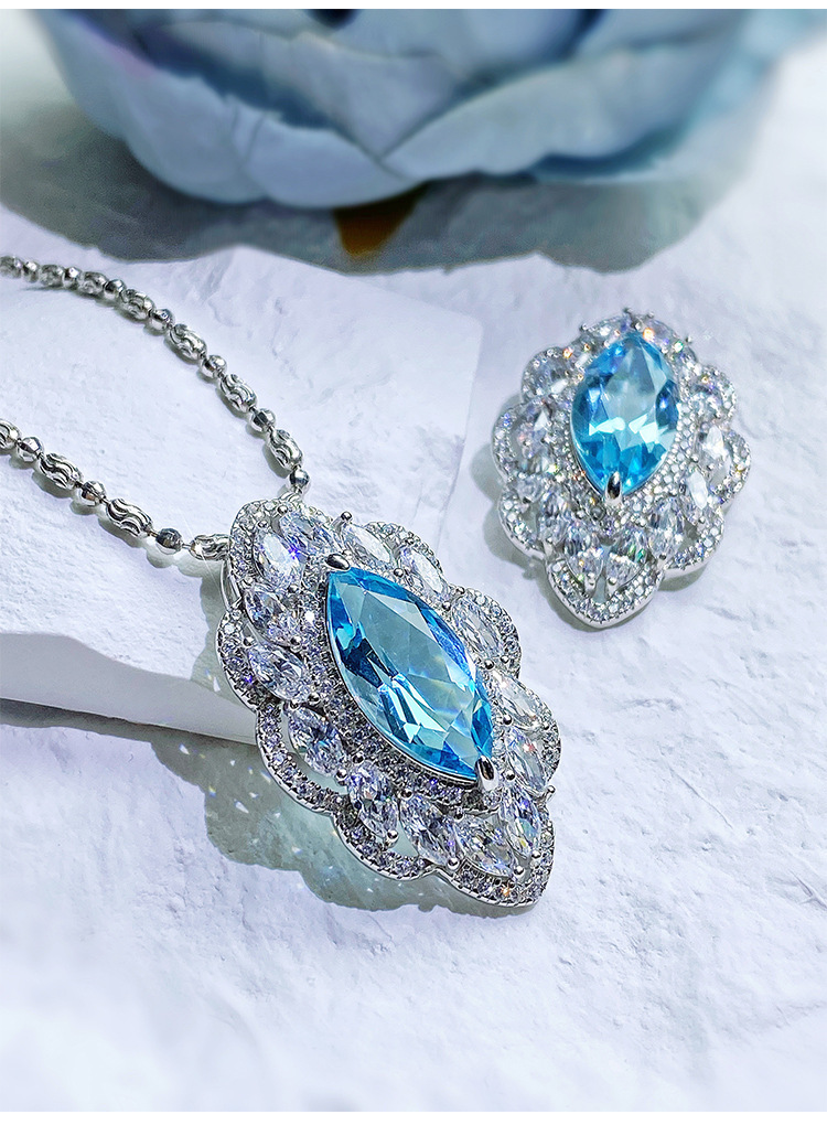 高级珠宝设计马眼造型重工镶嵌高碳钻海蓝宝色托帕石项链戒指套装