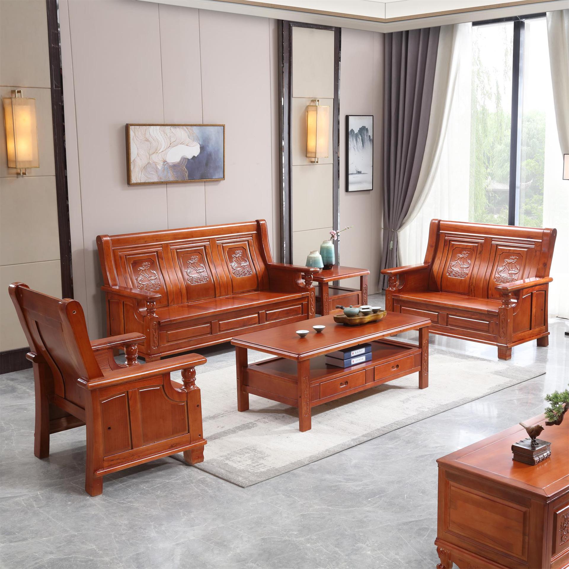 鱼沙发-红椿木材质茶几实木桌子组合客厅复古简美乡村家具