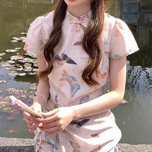 锦倩 裙子女夏季新中式国风蝴蝶印花改良日常可穿旗袍连衣裙短袖