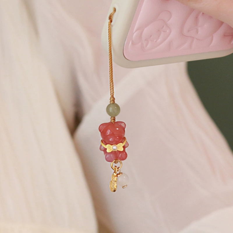 福禄小熊 天然南红玛瑙小熊手机挂饰挂件精致手机壳吊坠挂绳防丢