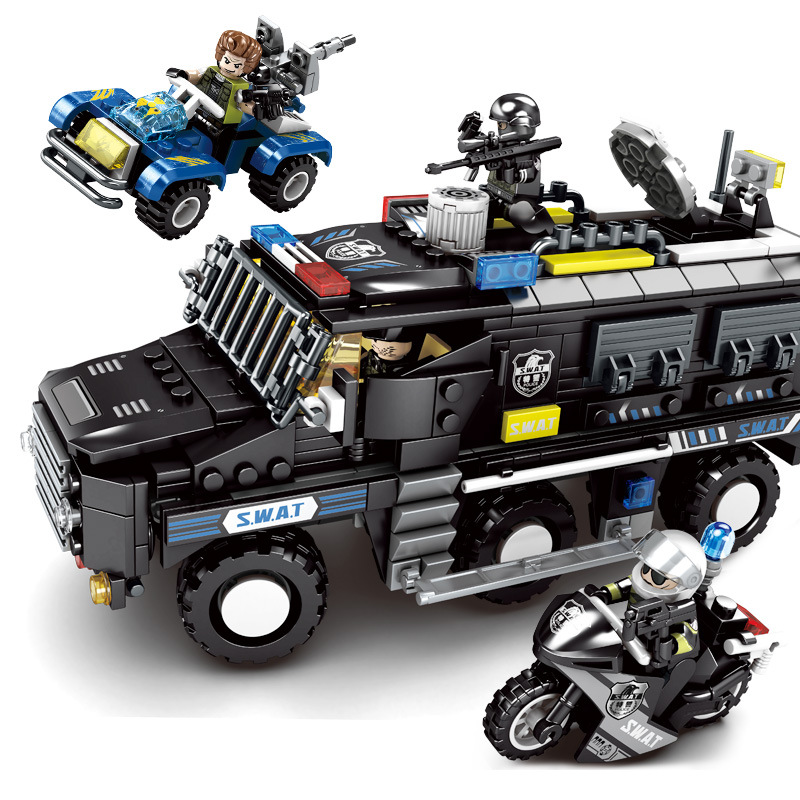 森宝102438黑鹰特警特警防爆装甲车男孩拼装小颗粒军事积木玩具