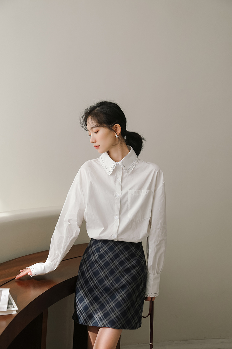 实拍花边领白色衬衫女2021春秋季新款衣宽松别致上衣长袖衬衣女装