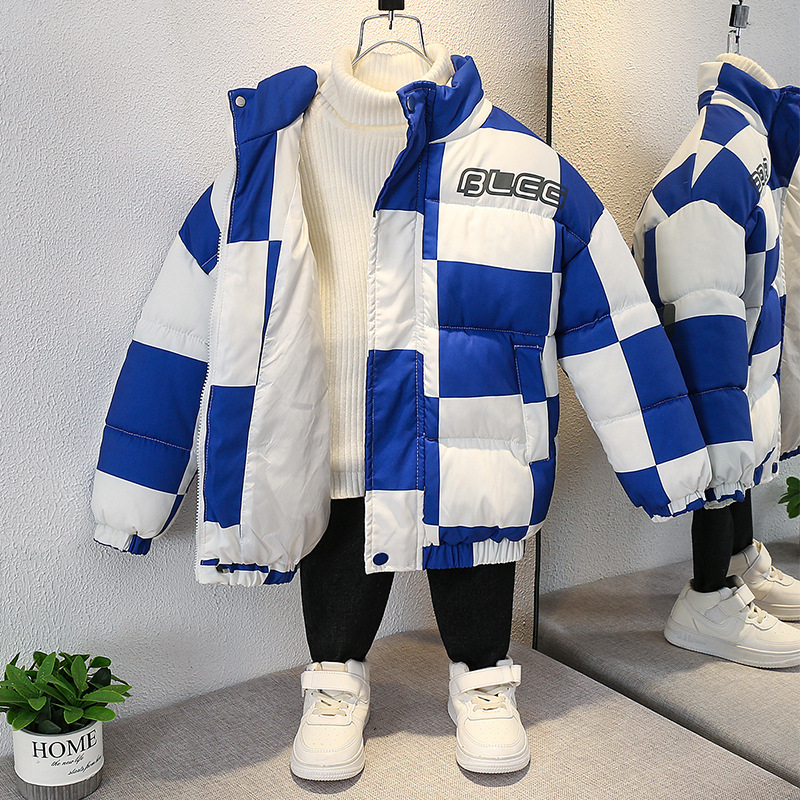 Winter New National Fashion Children's Cotton Clothes Boys and Girls Fleece Lined Coat Coat Medium and Big Children Plaid Stand Collar Coat Cross-Border