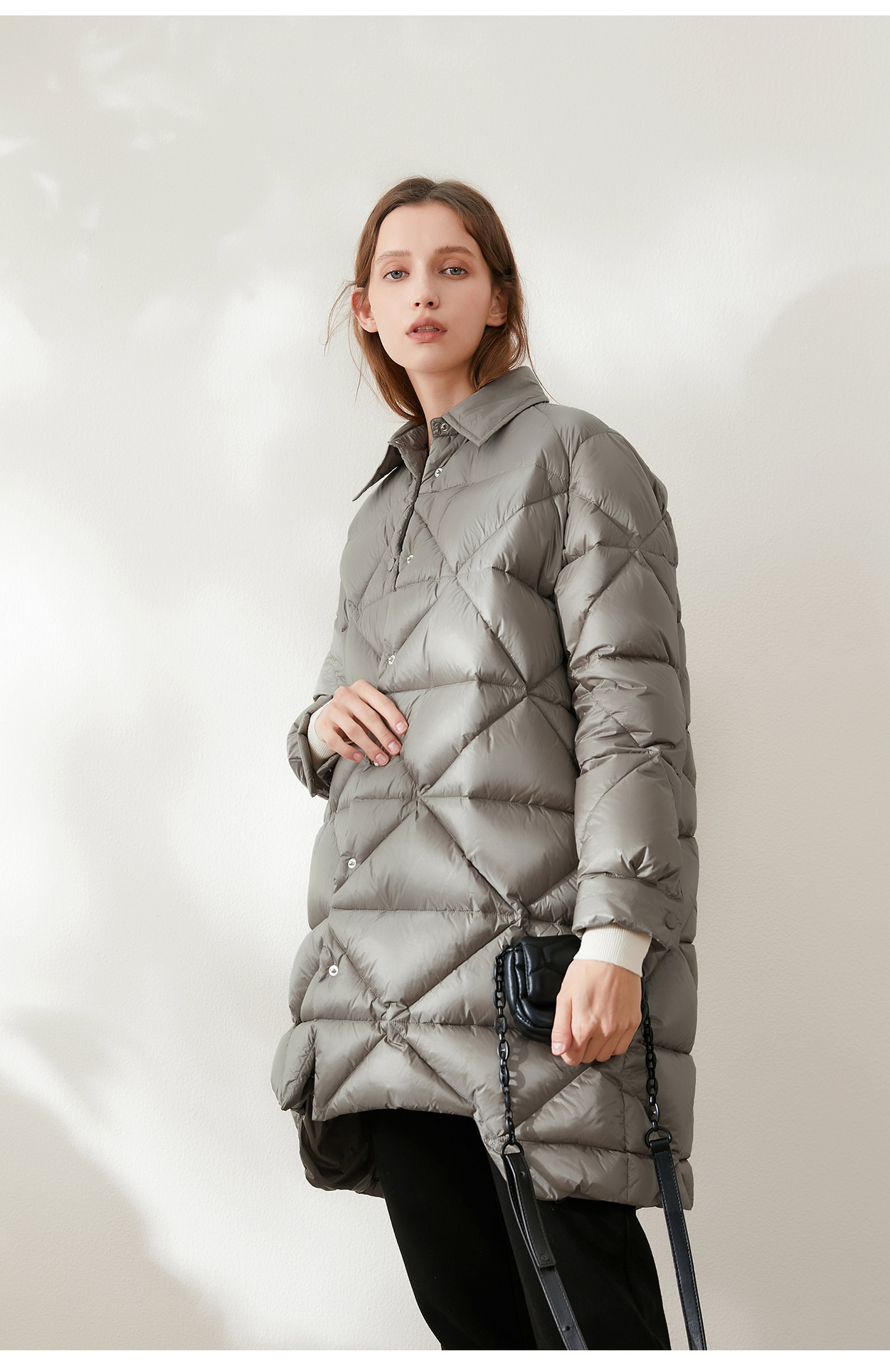 厂家直销精致干练蓬松白鸭绒羽绒服中长款冬季保暖外套大衣84130