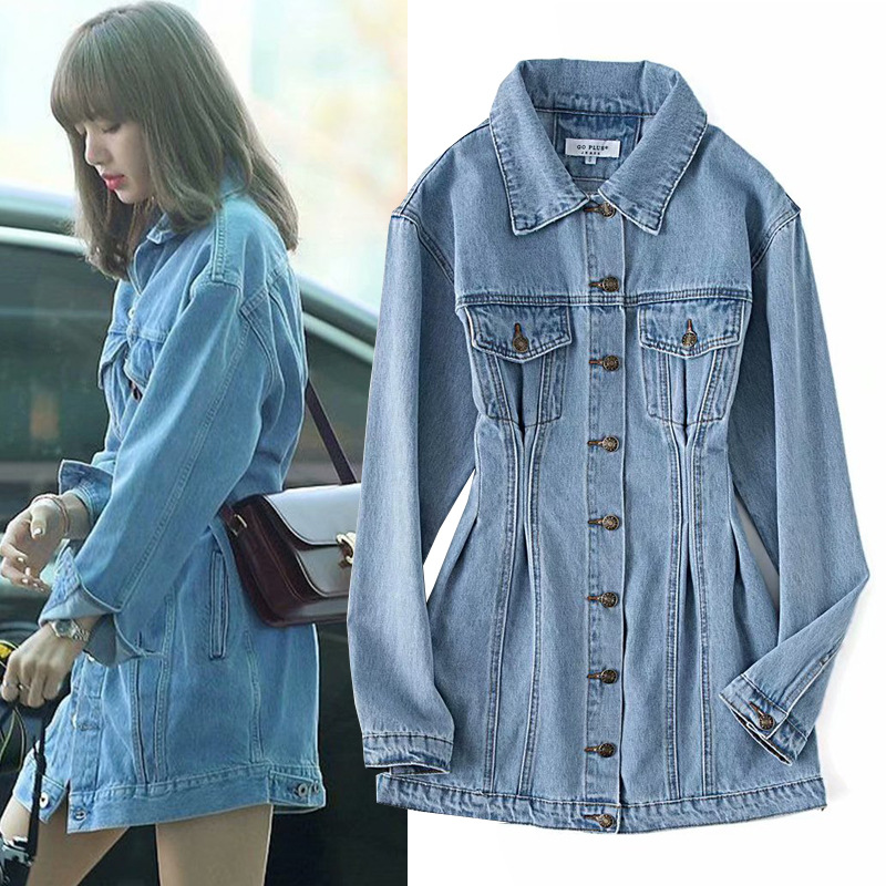 2021早秋新款 lisa明星同款 束腰修身长袖牛仔连衣裙