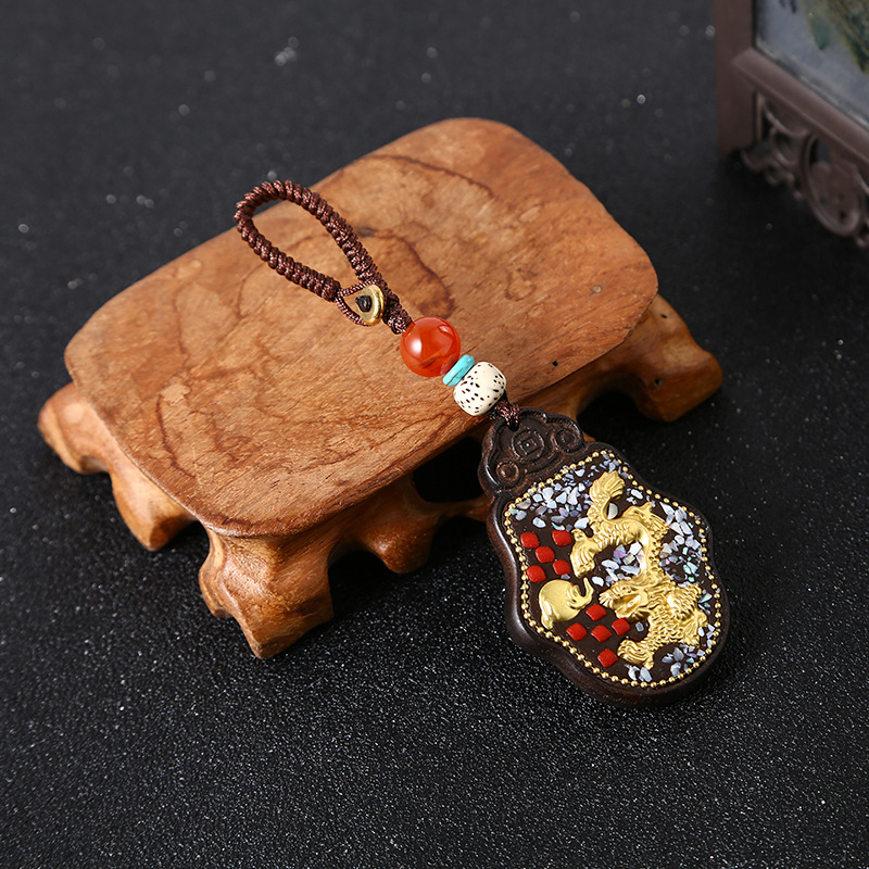 Nepal Agate Spacer Beads Mobile Phone Charm Blackwood Brass Inlaid Pendant DIY Ethnic Style Keychain Small Pendant