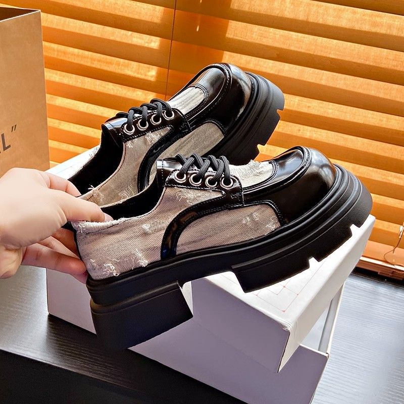 欧洲站洋气厚底乐福鞋女2024年秋季新款高跟英伦风牛仔布小皮鞋