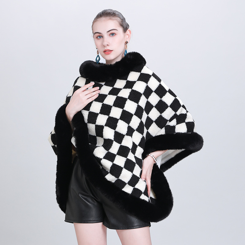 EU and South Korea Autumn and Winter New Cloak Shawl Thickened Plaid Fur Collar round Neck Pullover Shawl Cape Coat 0986#