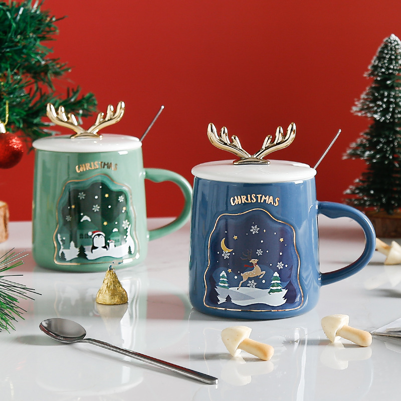 New Snowman Antlers Cartoon Large Capacity Mug Cartoon Christmas Gift Cup with Spoon Lid Student Gift