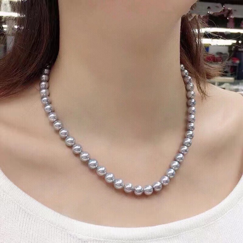 天然铂金灰珍珠正圆项链饰品塔链锁骨女礼物气质s925颈链百搭轻奢