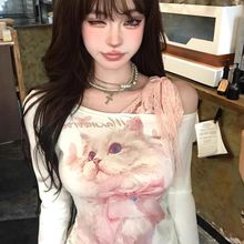 美式甜辣猫咪y2k一字领长袖t恤女春秋季露肩蕾丝拼接打底衫上衣潮