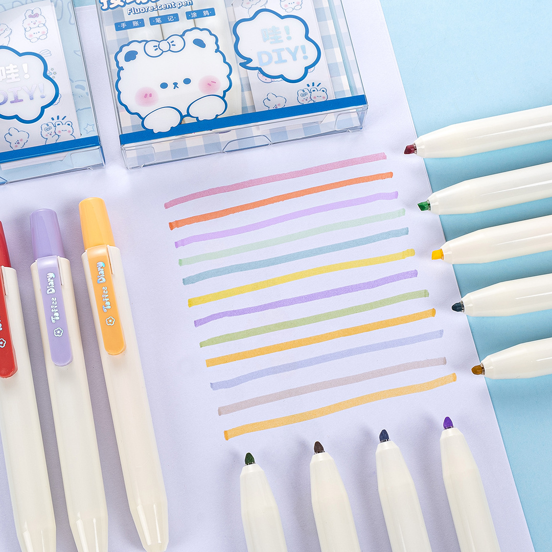 麦和 奶糖日记按动荧光笔(3支/套装)手账标记笔 涂鸦彩绘笔