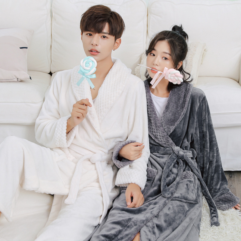 日式睡袍女冬法兰绒浴袍情侣珊瑚绒睡袍男女家居服中长款睡衣