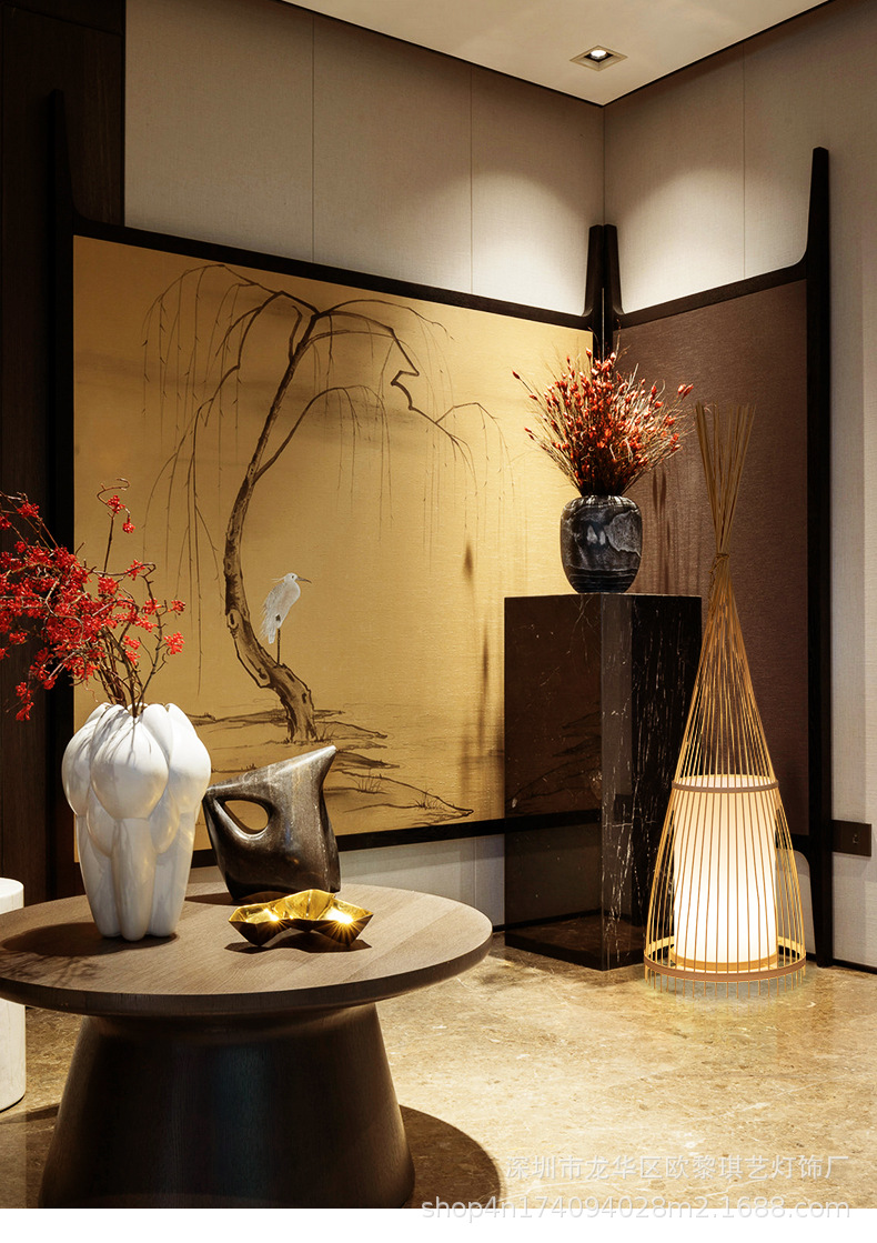 日式榻榻米古风落地灯竹编禅意民宿新中式简约客厅立式茶室灯台灯