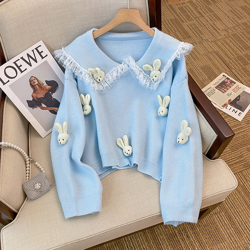 2023 Clear Sweet New Lace Lapel Three-Dimensional Little Bunny Paste Knitted Loose Sweater Women's Pullover