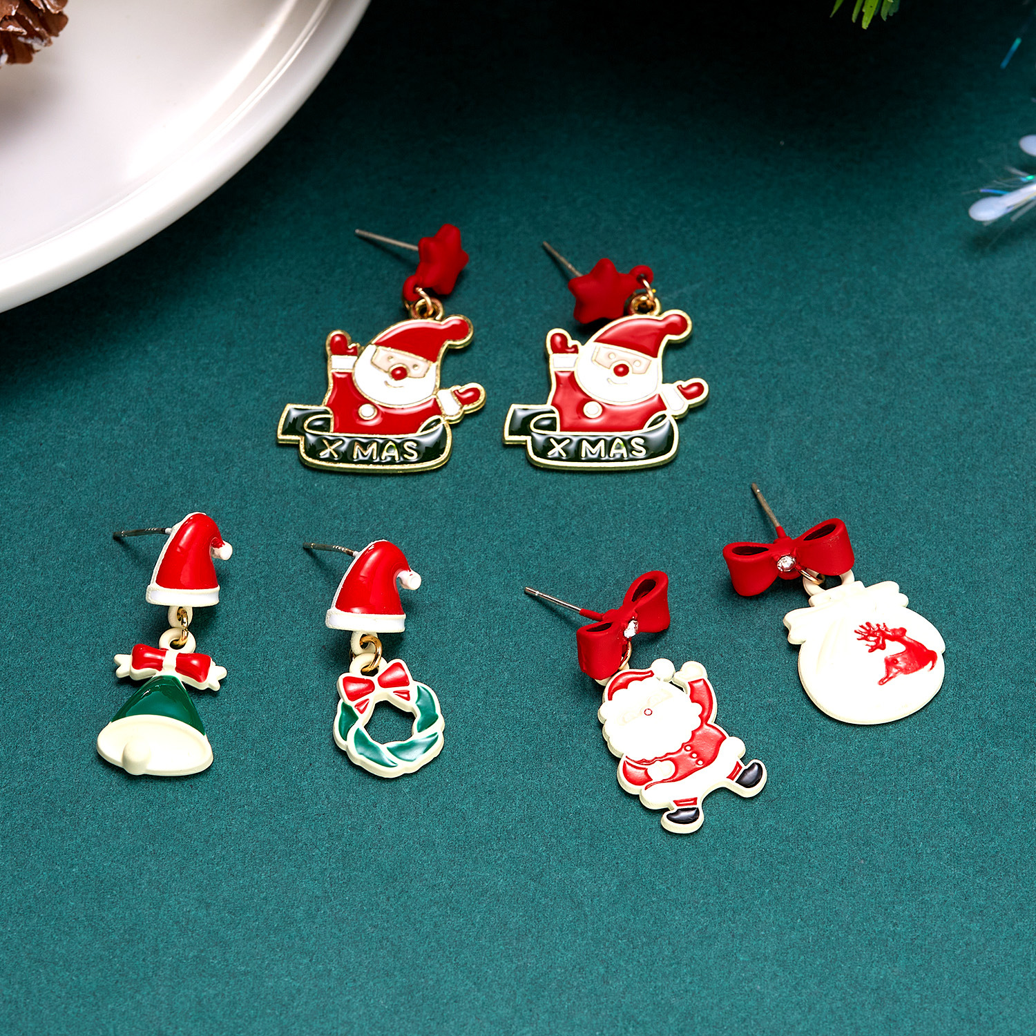 Cross-Border New Arrival Santa Snowflake Bowknot Flower Earrings Personality Types a and B Asymmetric Christmas Stud Earrings Earrings