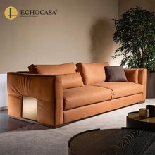 意式轻奢沙发客厅北欧小户型真皮沙发直排三人位高档金属极简家具