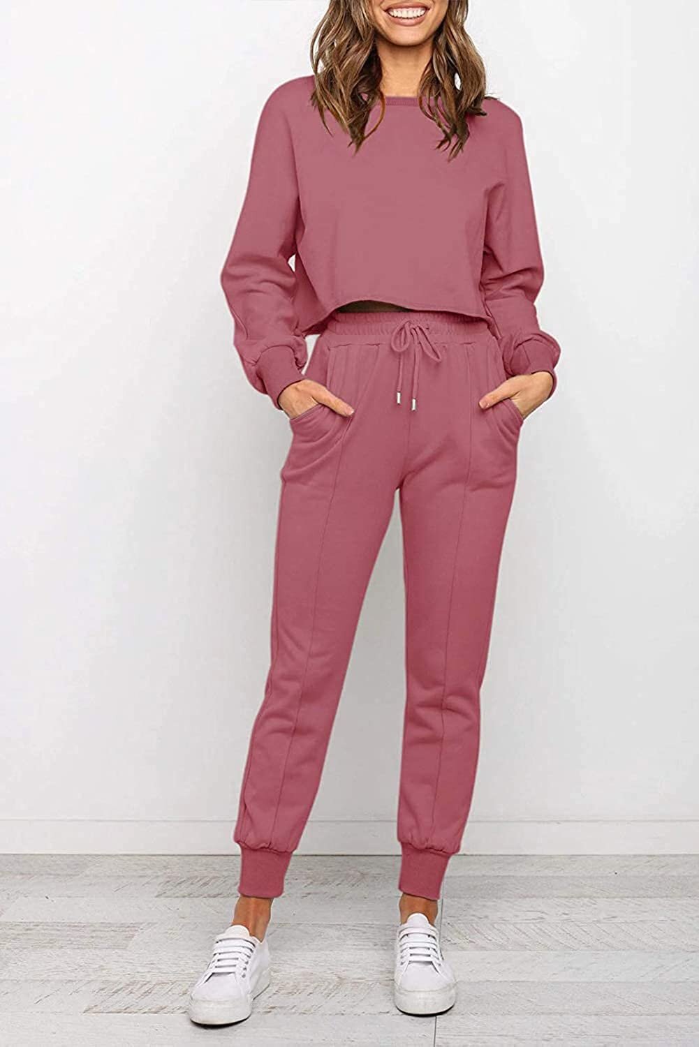 2021亚马逊欧美秋季新品长袖长裤圆领带抽绳运动休闲套装女加口袋