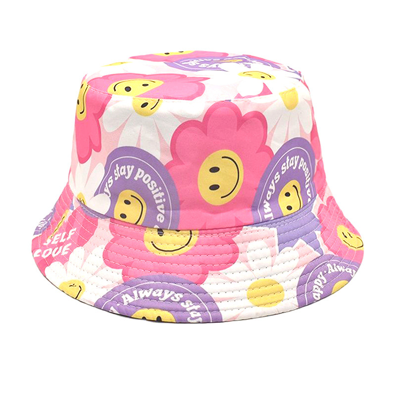 Summer Smiley Creative Cartoon Double-Sided Printing Bucket Hat Outdoor Beach Sun Hat Korean Style Sun-Proof Basin Hat Wholesale
