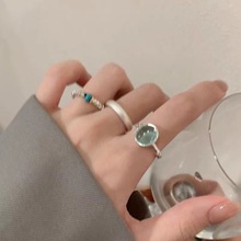 简约海蓝宝石水晶戒指女时尚百搭小众设计高级感碎银磨砂组合戒指